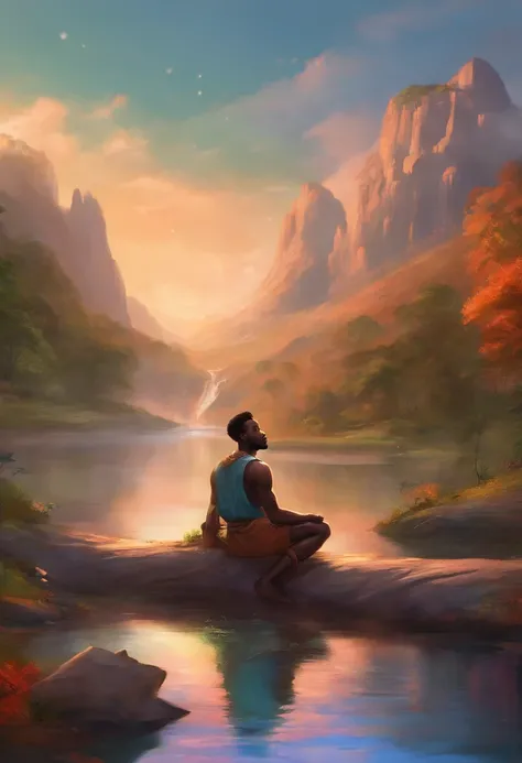 make a black man with his feet on top of a pipe, over a calm river, with a landscape of mountains.