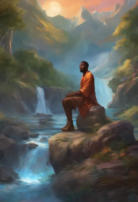 make a black man with his feet on top of a pipe, over a calm river, with a landscape of mountains.