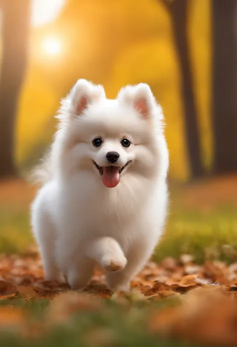 Cute looking german spitz strolling in the park, estilo cartoon, Pixar, ..3d, o primeiro desenho com o corpo um pouco mais laranjinha, borboletas voando ao redor dele dizendo "oie pessoau".