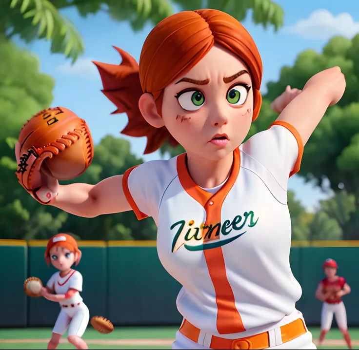 Masterpiece, (watercolor:1.3), (short stack:1.1), forward facing, eyes on camera, serious expression, (action shot:1.4) , (upper body strength:1.3), contrapposto (tattoo:1), softball pitcher, auburn hair, green eyes, (string bikini:1), pitching a softball ...