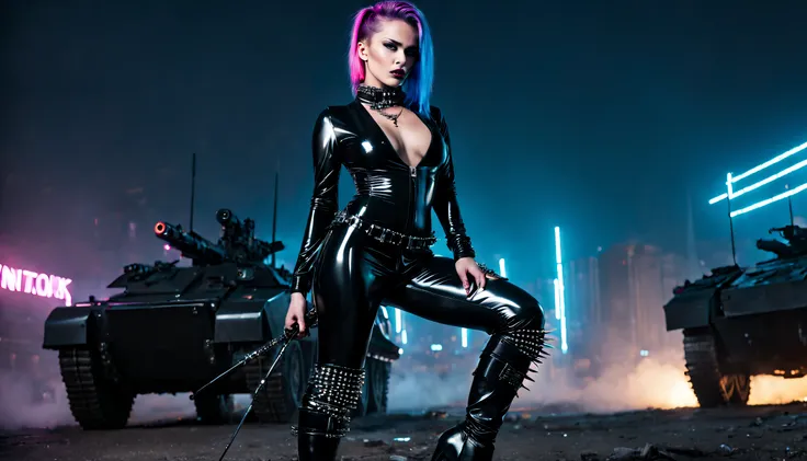 cyberpunk woman wearing black shiny low-cut pvc jumpsuit , wearing thigh high boots , chains , spikes and studs , holding assault riffle ,in front of battle tank, in cyberpunk battle at night , inlightened with neons