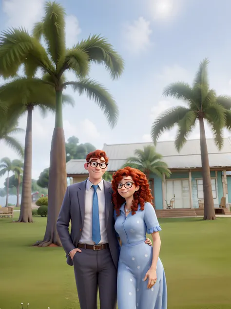 Obra-prima ao estilo Disney/Pixar in high quality and high resolution. The man is in a suit and the woman is a redhead with curly hair, Shes wearing glasses.