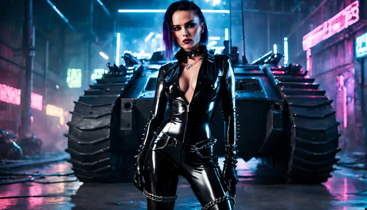 cyberpunk woman wearing black shiny low-cut pvc jumpsuit , wearing thigh high boots , chains , spikes and studs , holding handgun ,in front of battle tank, in cyberpunk battle at night , inlightened with neons