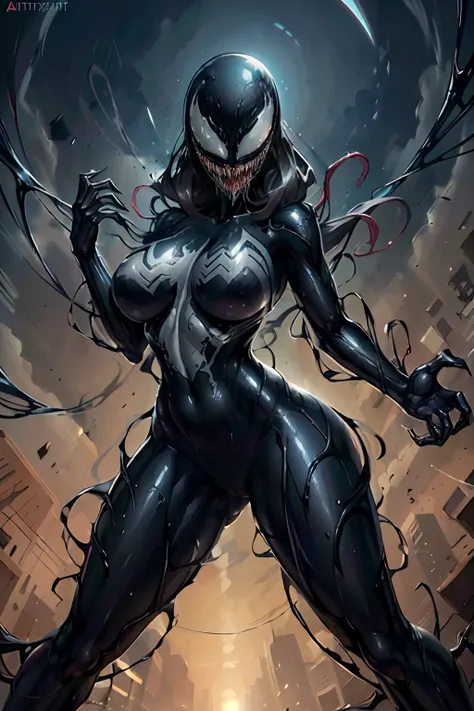 busty woman with black venom suit of marvels "venom", bio organic black suit, lewd, anime style, black net around, living suit, ...