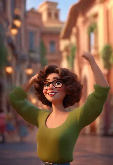 Pixar style image with 3D character white glasses brunette woman short curly hair dancing, Maquiagem Disney,Pescador, bonitinho, sorridente ,Close-up, Pixar, Disney, Cinema lighting,