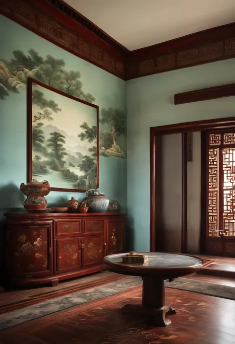 (Chinese interior, , fotografia documental realista, Showing history,)quarto, frente de perspectiva, Detalhe do ventilador, Jun Porcelain Hand Fan, piso em parquet, calm elegance, mural de nuvens auspiciosas,