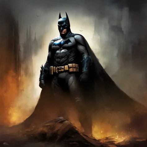 batman standing , Retrato do Batman, O estilo de pintura de James Gurney, Retrato do Batman, Ordinance, Par Craig Mullins, Lighting spotted by Craig Mullins, par Brian Thomas, Directed by: James Ryman, inspirado em Jim Lee, Directed by: James Gurney, par D...