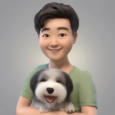 Hkmen is a smiling 38-year-old human boy,Medium gray hair with her faithful friend, princesa, the female Shitzu dog long light beige with a little black roller on the ears, deitados no jardim