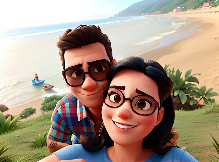 Casal moreno, thin nose, com sunglasses estilo disney pixar, fundo praia, alta qualidade, melhor qualidade