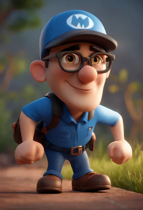 Cartoon character of a man with black glasses and cap and a blue shirt, animation character, Caractere estilizado, animation style rendering, 3D estilizado, Arnold Maya render, 3 d render stylized, toon render keyshot, Personagem 3D, Personagem 3D, 3d rend...