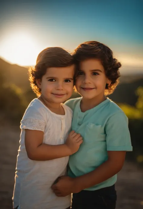 menino: Miguel, aproximadamente 5 anos de idade, cabelo curto estilo Disney, olhos castanhos e sorrisos. garota: Giovana, 2 anos, longos cabelos pretos e olhos azuis. scenecy: Miguel and Giovana are in a cozy little house in the valley, ao fundo um dia ens...