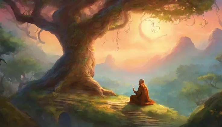 monk under the tree talking to a snake