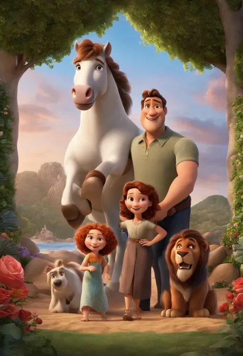 a Disney Pixar movie poster showing a white-skinned family. The father is the tallest, Tem barba curta, loiro, cabelos curtos e espinhosos. The mother has brown eyes and hair, shoulder-length and is slightly overweight. A menina tem 4 anos e cabelos castan...