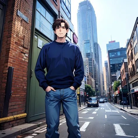 Itadori Yuji, Yuji, Itadori, Yuji Itadori, messy brown hair, brown eyes, wearing a blue sweater and dark blue worn down jeans, poor looking, hands in pockets, standing in a decrepit city, tall, kinda muscular, one man, one male, alone, blue sweater, dark b...