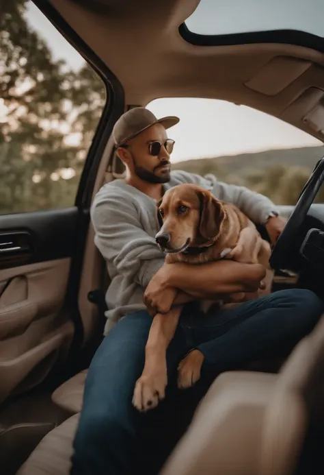 Theres a man sitting in the back seat of a car with a dogs paw on his shirt, taken in the early 2020s, 2 7 anos, 3 6 anos, 3 2 anos, 2 8 anos, Jorge Pemba, 2 9 anos, 38 anos, 35 anos, 3 5 anos