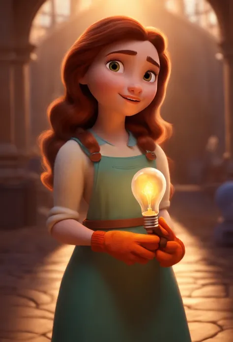 Criar um personagem no estilo pixar. White character brown hair straight and long gloves with a light bulb and caliper in hands