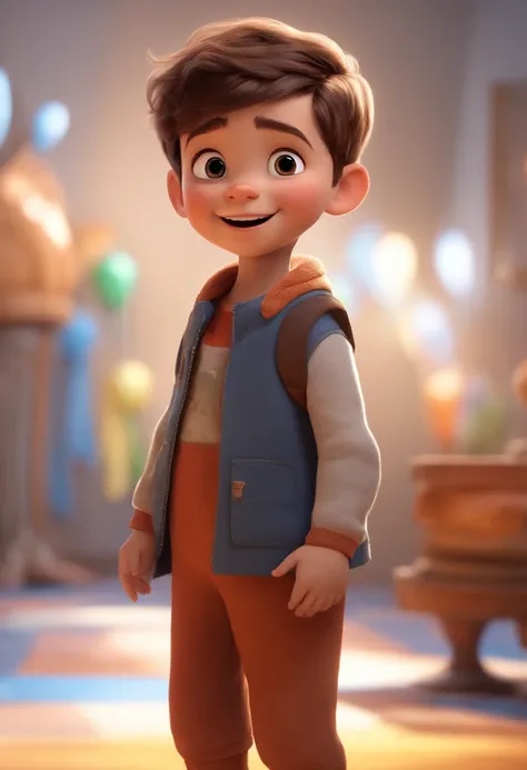 a happy cute kid standing short hair, vestindo uma fantasia espacial, , fundo branco, barnet, Tom, Estilo Pixar, ....3d, desenhos animados, rosto detalhado, asymmetrical 16k