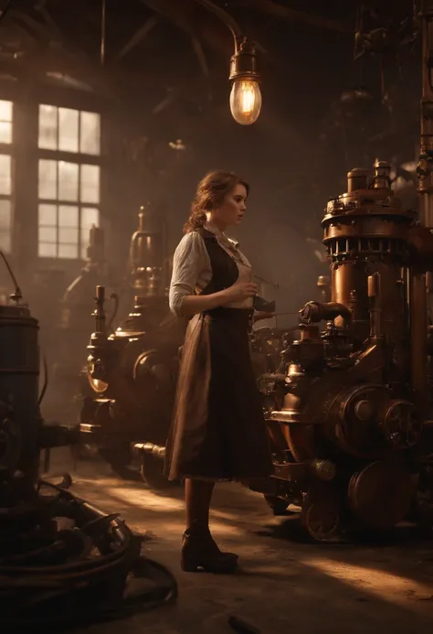 (Best quality, 4k, Masterpiece :1.3), 1girl, (steampunk), scenery, steampunk room engine, repairing engine, gears, cogs, steam, boots, overalls, goggles, dirty face, standing, machinery, oil on floor, dirty floor