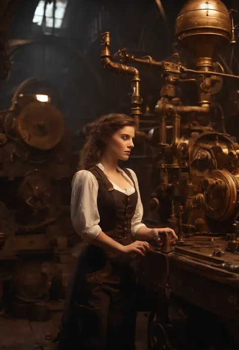 (Best quality, 4k, Masterpiece :1.3), 1girl, (steampunk), scenery, steampunk room engine, repairing engine, gears, cogs, steam, boots, overalls, goggles, dirty face, standing, machinery, oil on floor, dirty floor