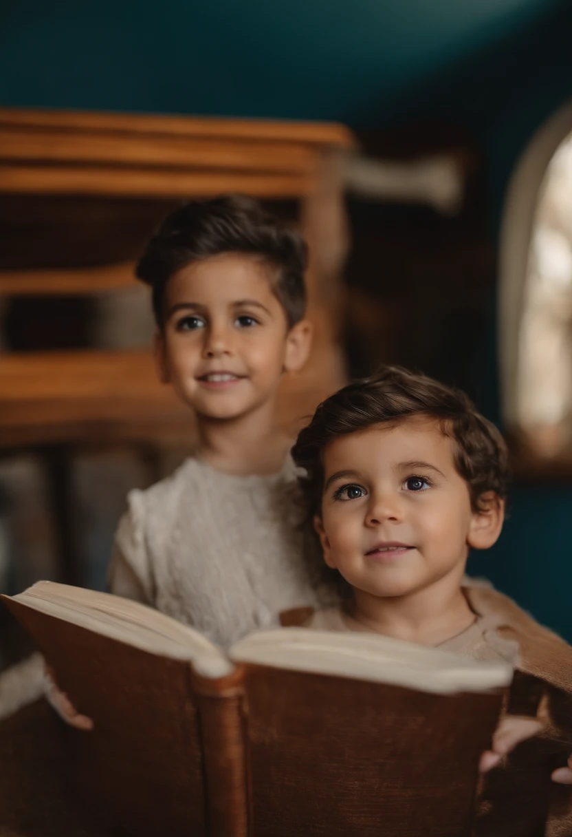 menino: Miguel, aproximadamente 5 anos de idade, cabelo curto estilo Disney, olhos castanhos e sorrisos. garota: Giovana, 2 anos, longos cabelos pretos e olhos azuis. scenecy: Miguel and Giovana are in a cozy little house in the valley, ao fundo um dia ens...