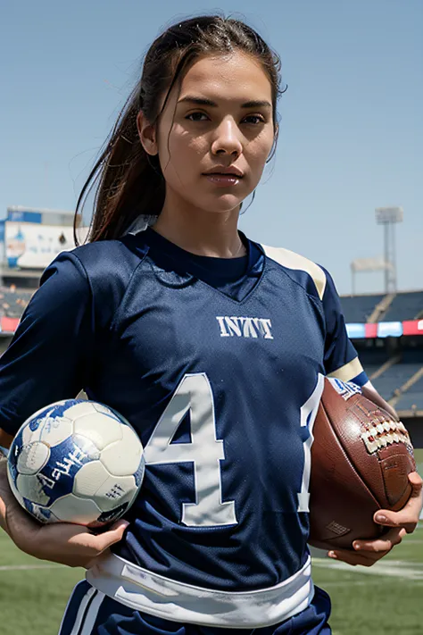 field football uniform with futuristic ball in navy blue and with sky blue details