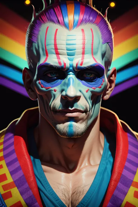 A crazy  and fantastic mans head made up for Day of the Dead, its very colorful and detailed and textured. the colors are psychedelic and flashy. the background is blurred as if there was digital interference