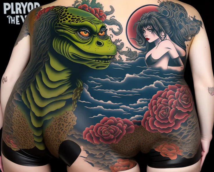 Creature from the black lagoon in leather pants and a leopard print pearl snap shirt embracing elvira, mistress of the dark, in the style of old-school traditional tattoo art