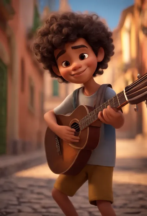 crie um banner no estilo Pixar. A brazilian boy, moreno pardo com cabelos curtos, Castanhos escuros, Curly and slightly grayish appearance, mas jovem, usando uma roupa social, holding a classical guitar with 7 strings.