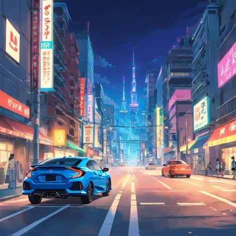 (best quality,highres,ultra-detailed)(night scene,street lights,neon lights,modern cityscape)(Honda new civic 2010, sleek design, shiny paint, metallic finish)(urban setting, busy streets, tall buildings)(need for speed, fast and furious style)(vivid color...