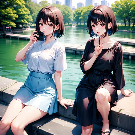 Two Japan women taking photos in a park on the Sumida River in Japan、She was a 27-year-old woman with loose, fluffy short hair and small breasts、One is a 31-year-old woman with small breasts and a dark brown lob...The two are having fun、small tits、Small、di...