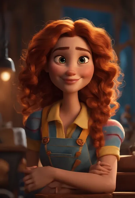 Imagem estilo Pixar com personagem 3d mulher branca com cabelos longos e castanhos andulados, Artist with brushes, Maquiagem Disney, bonitinho, sorridente ,Close-up, Pixar, Disney, Cinema lighting,