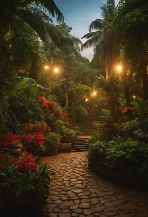 8k picture of a tropical forest, saturated, high quality, many details, vibrant, tropical beach in the background, humidity, italian village in the distance with warm lights, cobble roads, fountain in the village center