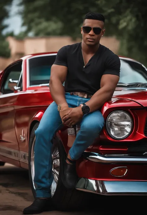 leaning on a Mustang car, looking ahead, black cap, gangster shirt Disney movie style