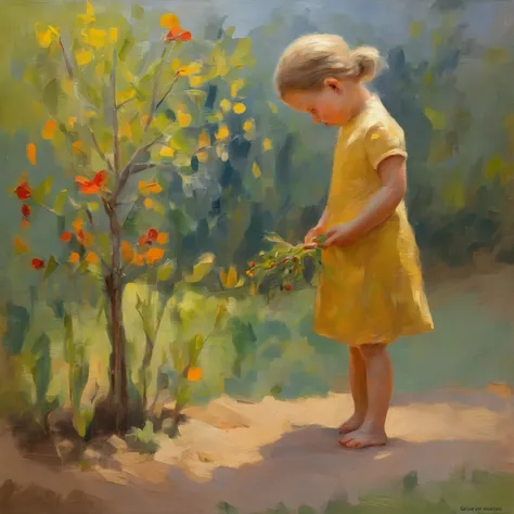 A small sapling planted in the garden of a house becomes as tall as the girl; a four-year-old girl with light brown bobbed hair compares her height with the small sapling.(contemporary art like a picture book )(flat oil painting)(simplified)(Artistic camer...