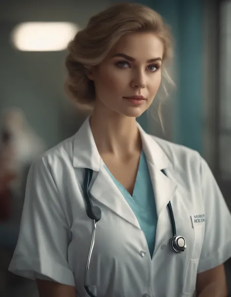 Cinematic portrait, ((medium close-up)), facing the audience, (Reality :1.4), a woman looking into the camera, female nurse, nurse costume, detailed beautiful face, action shot, hospital background, daytime, photo realistic, CG, art station, masterpiece, H...