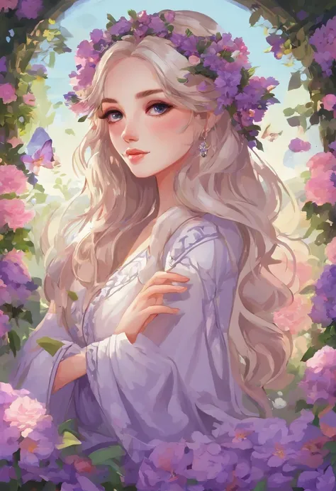 beautiful girl with flowing white hair,purple eyes with a hint of mystery, wearing an elegant purple robe that drapes gracefully around her slender figure. She has a charming smile on her rosy lips as she stands confidently in the midst of a lush garden. H...