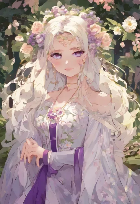 beautiful girl with flowing white hair,purple eyes with a hint of mystery, wearing an elegant purple robe that drapes gracefully around her slender figure. She has a charming smile on her rosy lips as she stands confidently in the midst of a lush garden. H...