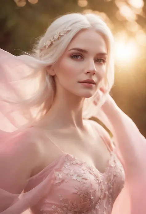 blond woman with white hair and glowing lights in a pink dress, beautiful digital artwork, fantasy gorgeous lighting, gorgeous digital art, stunning digital illustration, digital fantasy art ), 3 d render character art 8 k, a stunning young ethereal figure...