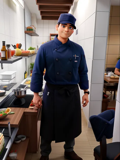 Um chef de cozinha concentrado segurando uma faca, no restaurante orientando sua brigada