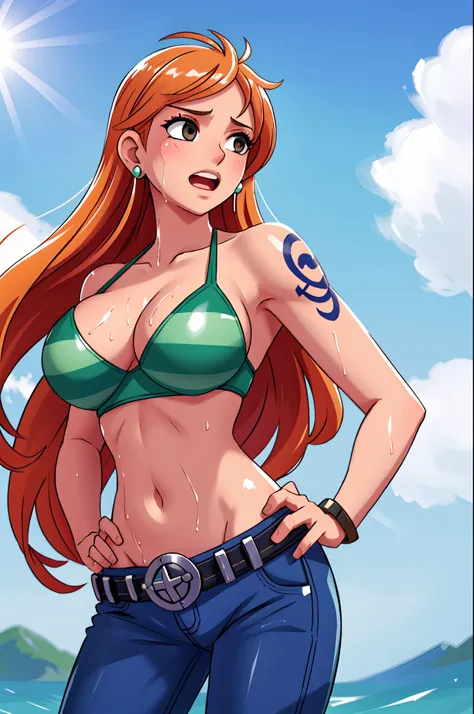 detailed background, masterpiece, 4k, epic, best quality, late youth, adult, wrestler body, strong, 1girl, active, energic, (large mouth) , solo, nami (one piece), 1girl, bangle, (very wet, drenched in sweat, sweat all over body, very wet hair, tired, open...