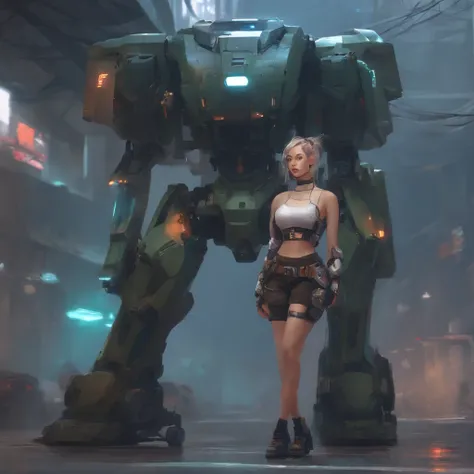 Chica de anime en pantalones cortos y chaqueta de pie junto a un robot gigante, Obras de arte al estilo de Guweiz, Cyberpunk anime chica mech, Tendencias en CGVatstation, Guweiz, por Russell Dongjun Lu, Arte digital cyberpunk anime, Ross Tran 8 K, Guweiz e...