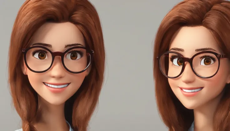 criativo, menina sorriso com cabelo marsala e longo, brown eyes with glasses in your creative room