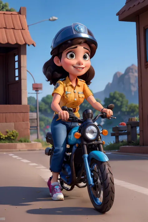 Brunette Woman Traffic Officer India, cabelos cor de rosa, uniforme azul com colete preto em cima de uma bicicleta Disney pixar