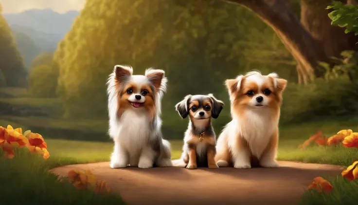 Create a Disney Pixar Animation-style movie poster of three dogs: One of the Yorkshire breed, one of the Maltese breed and one of the Chiahuahua long-haired breed