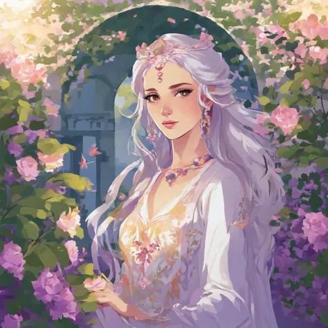 beautiful girl with flowing white hair,purple eyes with a hint of mystery, wearing an elegant purple robe that drapes gracefully around her slender figure. She has a charming smile on her rosy lips as she stands confidently in the midst of a lush garden. H...