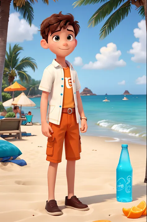 One boy, in summer clothes, on the beach, showing a bottle of orange juice in his hand, disney pixar style, high quality, best quality