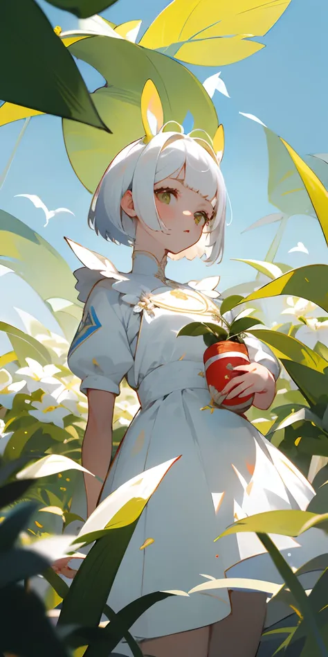 (obra maestra, mejor calidad), 1 teenage girl with short white hair,ojos celestes claro,Orejas ne conejos blancas,Cola de conejo,sentada en un campo de plantas y flores verdes, con la mano en su regazo relajadas, warm lighting, vestido blanco y ligeramente...