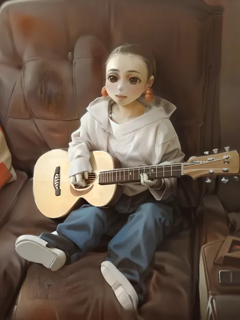 Arafed baby sitting on a couch with a guitar on her lap, playing the guitar, playing the guitar, playing a guitar, holding a guitar, he is a rockstar, tocando guitarra, jamming to music, 2 anos, rocking out, Artem, solo de guitarra, Upload de alta qualidad...