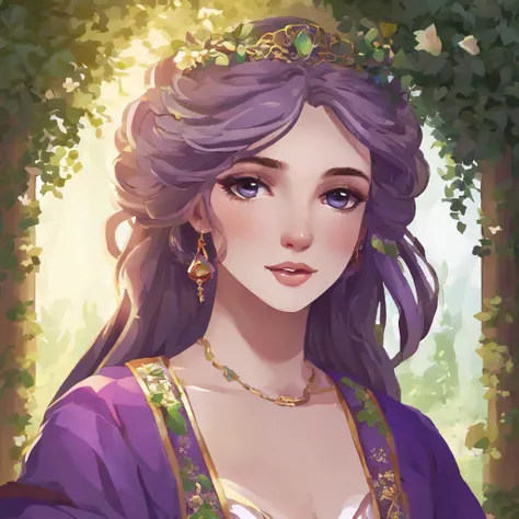 beautiful girl with flowing white hair,purple eyes with a hint of mystery, wearing an elegant purple robe that drapes gracefully around her slender figure. She has a charming smile on her rosy lips as she stands confidently in the midst of a lush garden. H...