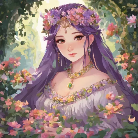 beautiful girl with flowing white hair,purple eyes with a hint of mystery, wearing an elegant purple robe that drapes gracefully around her slender figure. She has a charming smile on her rosy lips as she stands confidently in the midst of a lush garden. H...